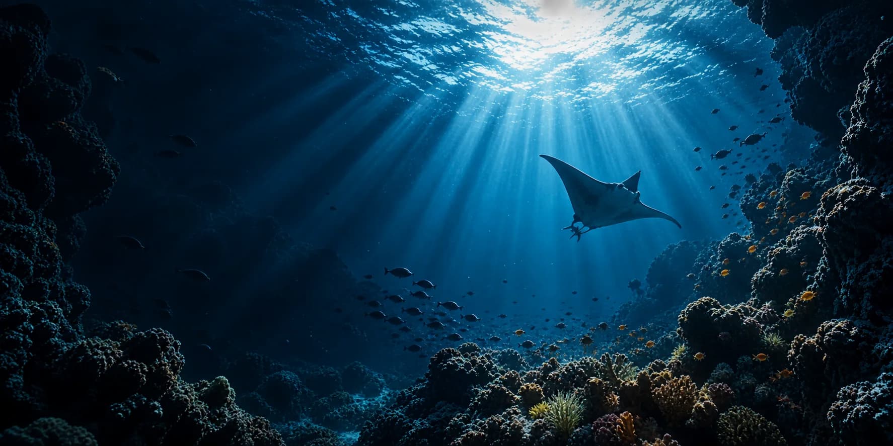 Two divers ascending through sunlit water above a coral reef